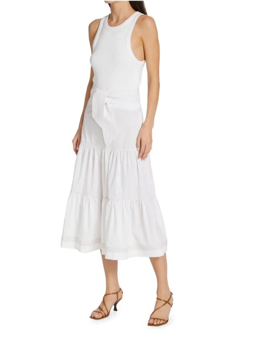 Veronica Beard White Sleeveless Tiered Midi Skirt with Waist Tie